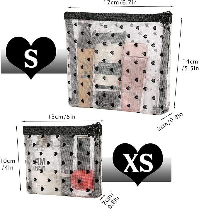 6 Pack Mini Zipper Mesh Makeup Bags, Heart Print Nylon Cosmetic Bags Toiletry Bags for Office Travel Organization (Widened-Beige, XS)