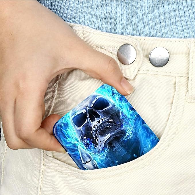 Blue Flame Skull Fingers Folding Travel Mirror Vanity Mirror PU Leather Portable Adjustable Rectangular Ultrathin Makeup Mirror,for Travel, Camping,Home