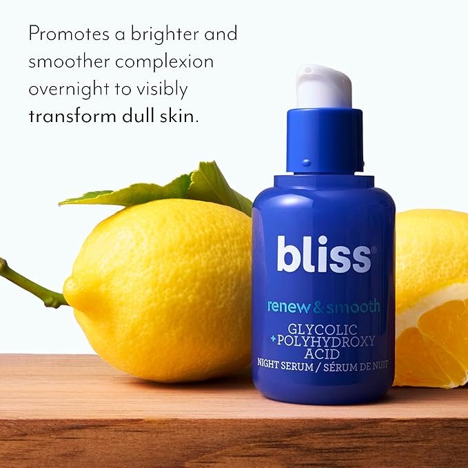 Bliss Renew & Smooth Glycolic Acid Night Serum | 8.5% AHA + PHA Complex for Texture, Glow & Radiance | Gentle Daily Exfoliating Treatment for Smoother, Brighter Skin | Vegan & Cruelty-Free | 1 fl oz