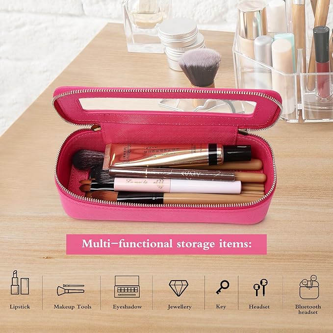 Makeup Brush Case Clear Travel Cosmetic & Toiletry Bag Small Makeup Bag with Zipper Purse Organizer Car Essential Bag for Women (X/Fuxia, SLIM)