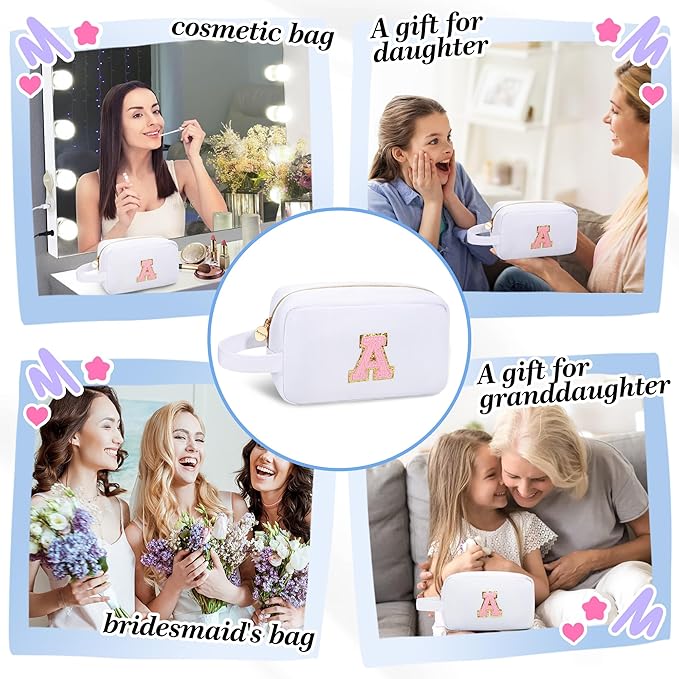Aveniee Travel Makeup Bag for Women,Initial Monogram Cosmetic Bag Toiletry Pouch,Christmas Birthday Gifts for Teen Girls Best Friend or Sister Teacher-White R