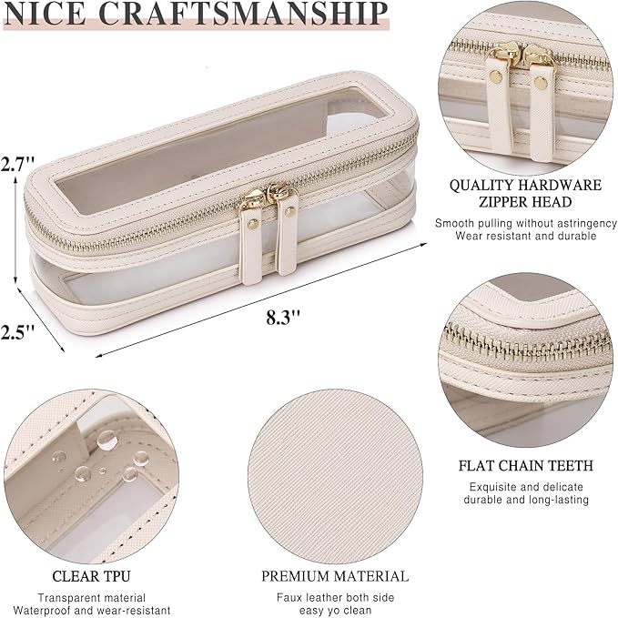 Makeup Brush Case Clear Travel Cosmetic & Toiletry Bag Slim Makeup Bag with Zipper Small Purse Organizer Car Essential Bag for Women (Beige, SLIM-1)