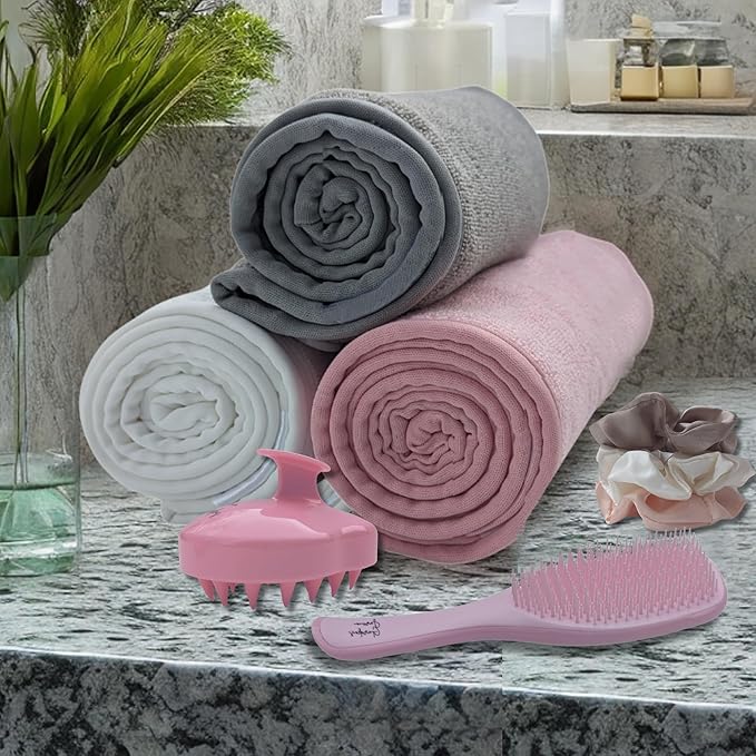 Hair Care Gift Set for Women – 8-Piece Spa Accessories Box with Detangler Brush, 3 Microfiber Towels, 3 Satin Scrunchies & Scalp Massager Shampoo Brush - Hair Styling & Self-Care Gift