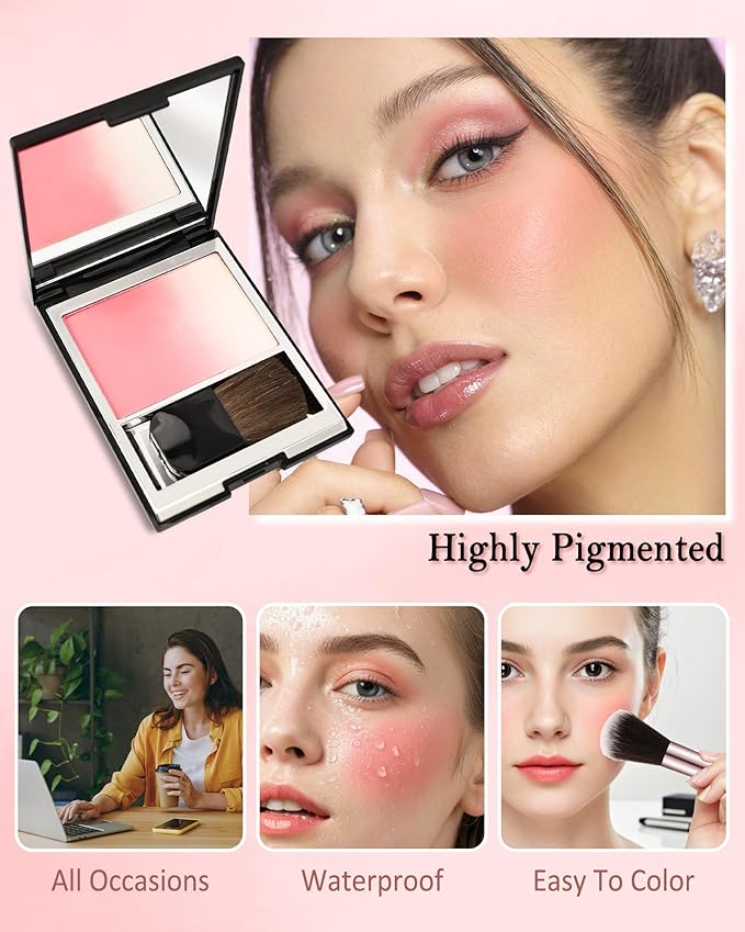 Blush Powder for Cheeks,Gradual Shimmer Pink Blusher Palette with Brush,Lightweight Buildable Color Blush Hightlighter Powder,Longlasting Waterproof Facial Makeup,Mother's Day Gift for Women Girl-06#