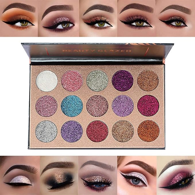 BestLand 15 Colors Glitter Eyeshadow Palette Shimmer Ultra Pigmented Makeup Eye Shadow Powder Long Lasting Waterproof Holiday Party Makeup (Colors A)