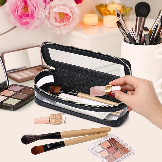 Makeup Brush Case Clear Travel Cosmetic & Toiletry Bag Slim Makeup Bag with Zipper Small Purse Organizer Car Essential Bag for Women (Black, SLIM-1)