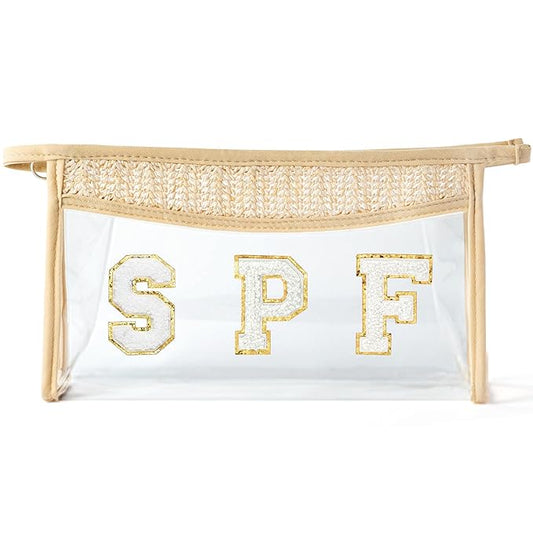 Boho Patch Cosmetic Bag - Summer Gifts SPF Chenille Varsity Letter Toiletry Kit Beige Clear Waterproof Travel Makeup Bag PVC Zipper Clutch Daily Use Purse for Women Girls