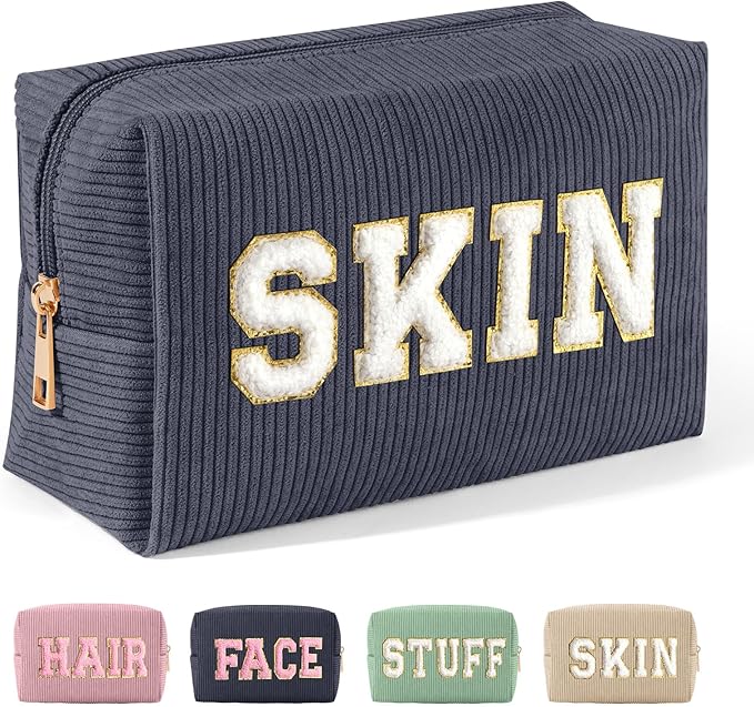 MAGEFY Small Makeup Bag for Purse Portable Makeup Pouch with Compartments Corduroy Make up Bag for Women Travel Cosmetic Essential (Dark Gray, SKIN)
