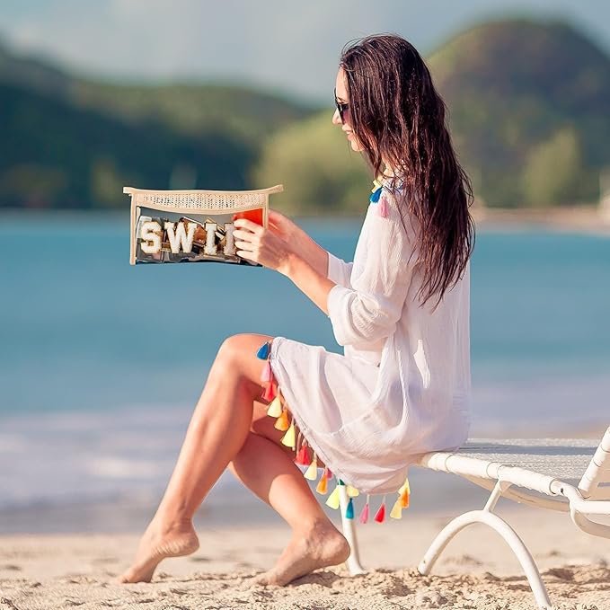 Boho Patch Cosmetic Bag - Summer SWIM Chenille Varsity Letter Toiletry Kit Beige Clear Waterproof Travel Makeup Bag PVC Zipper Clutch Daily Use Purse Summer Gift for Women Girls