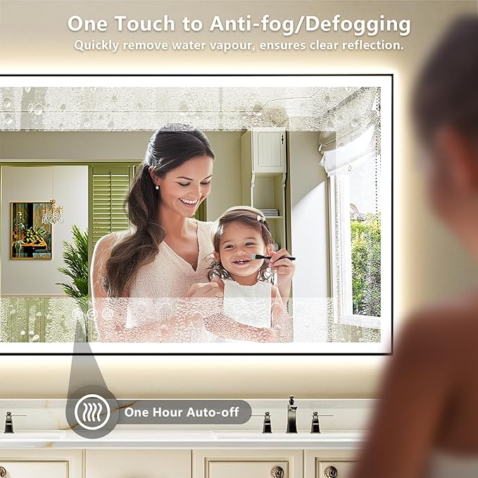 72x40 Inch LED Bathroom Mirror with Lights (Front Lit and Backlit) Black Framed Lighted Vanity Mirror for Bathroom Wall Dimmable Anti-Fog Memory Tempered Glass Horizontal/Vertical