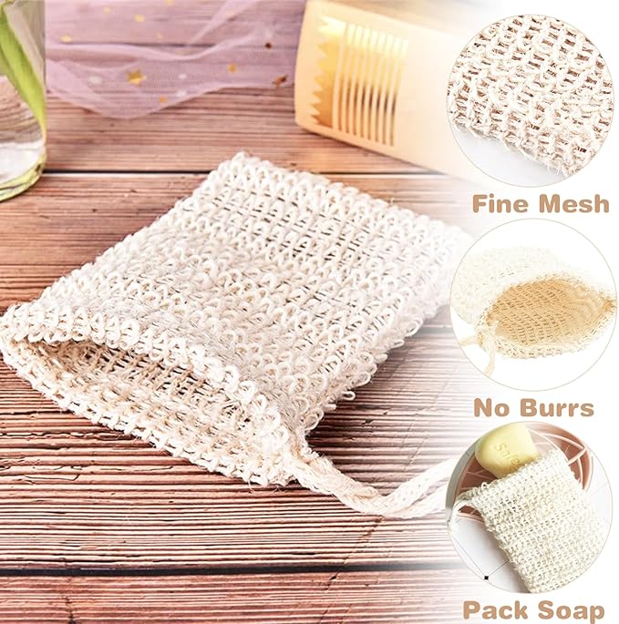 50 Pack Sisal Soap Saver Bag with Drawstring, Natural Cotton-Linen Exfoliating Net Pouch for Foaming and Drying, Travel Bar Soaps Mesh Bags Soap Savers for Bath and Shower Use