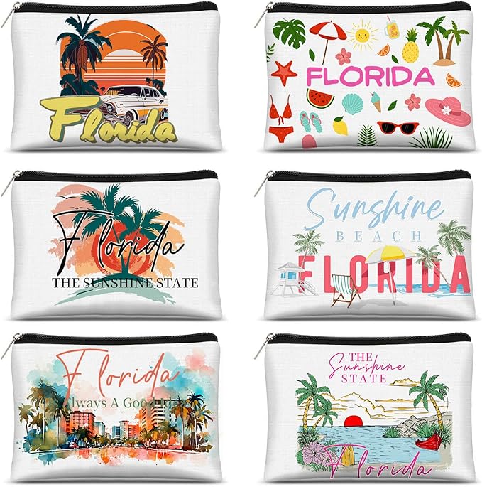 6 Pcs Florida Tourist Commemorative Makeup Bags Florida Gifts for Women Friends Traveler Cosmetic Bag Zipper Pouch for Women Traveler Party Favors