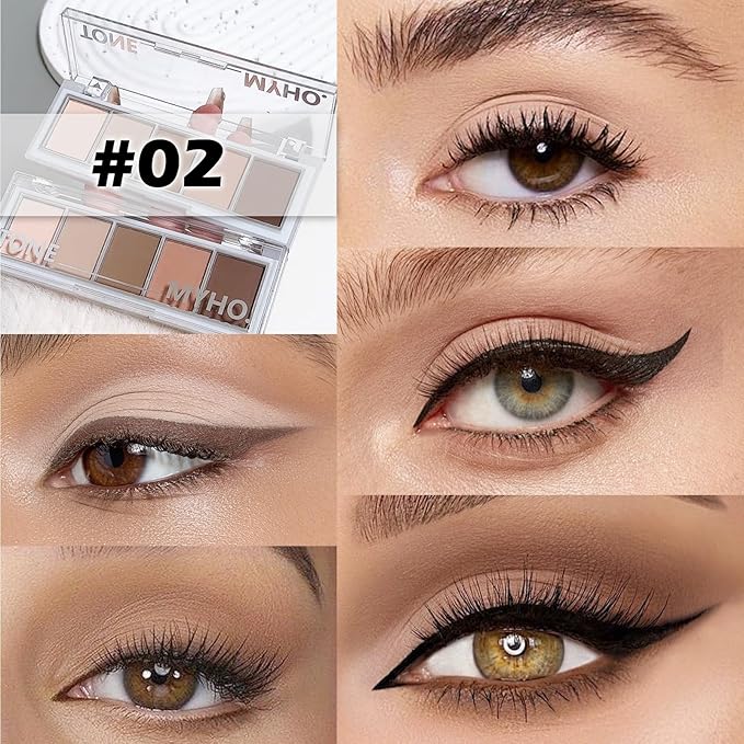 5 Colors Matte Eyeshadow Palette with Brush - Neutral Nude Taupe Brown Eye Shadow Palette Makeup, Natural Waterproof Cool-Toned Eyeshadow for Green & Blue & Brown Eyes and Smokey Makeup, 02#