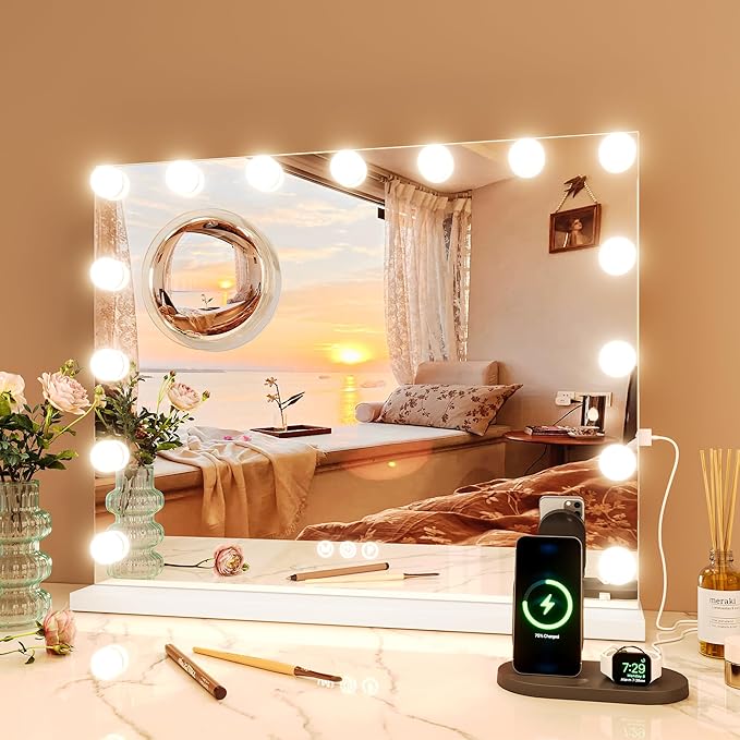 Makeup Mirror with Lights, Multifunctional Desktop Vanity Mirror with 17 Dimmable LED Lights and 3 Lighting Modes, 3x Magnification, Smart Touch Controls, Desktop or Wall Mount, Dressing Room/Bedroom
