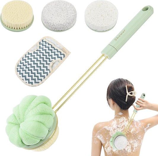 Premium Bath Brush | Double-Sided Availability|Shower Ball, Shower Ball, Pumice and Natural Sponge Heads | Effortless Full-Body Cleanse | Extra Long, Comfort-Grip Handle (Green)