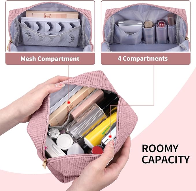 MAGEFY Corduroy Makeup Bag Small Makeup Bag for Purse with Compartments Cute Makeup Pouch Cosmetic Bag for Women Friends Preppy Gifts (Pink, STUFF)