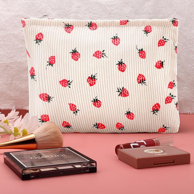 Makeup Bag for Women Large Corduroy Cosmetic Bags Travel Pouch for Purse Zipper Toiletry Bags Organizer Y2K Cute Aesthetic Trendy Makeup Brushes Storage Bag Travel Essential (Beige Strawberry)