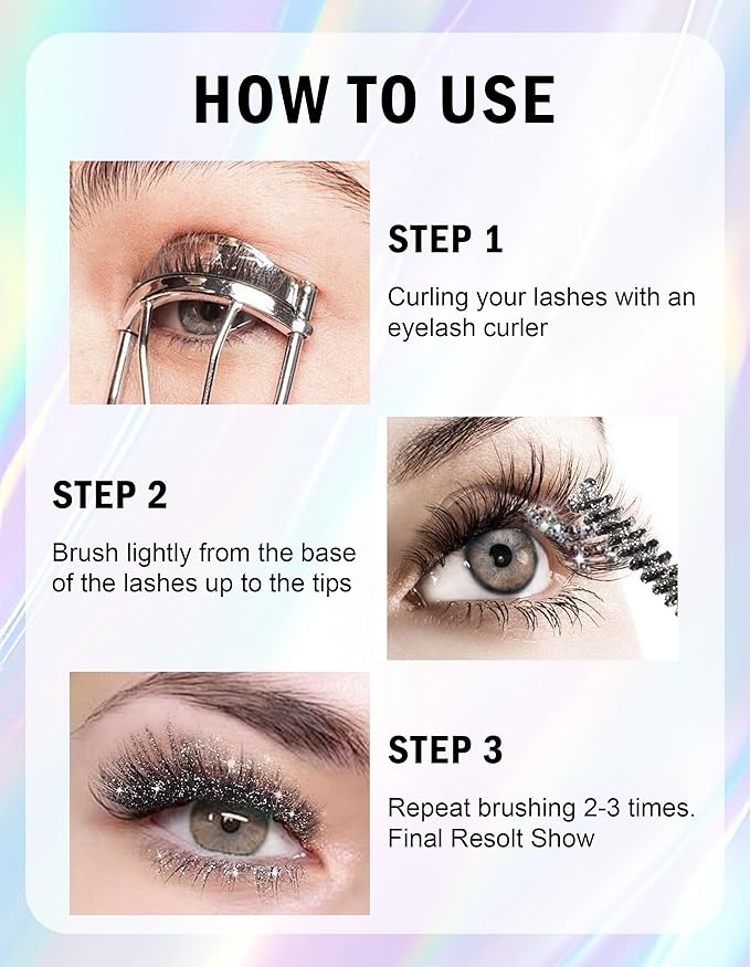 3PCS Glitter Mascara, Define Long Lasting & Waterproof Curling Eyelashes, Diamond Sparkle Mascara, Voluminous Lengthening for Women Party Stage Use