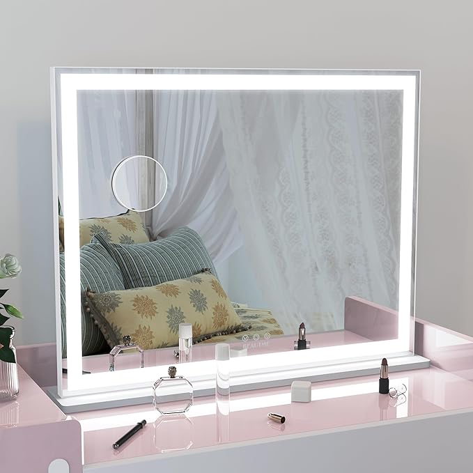 ANYHI Large Vanity Mirror with Lights, 28"x22" Makeup Mirror with Light Strip, 3 Color Modes, Dimmable, Smart Touch Control, Aluminum Frame, Tabletop or Wall Mount, White
