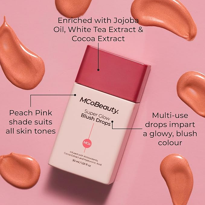 MCoBeauty Super Glow Blush Drops, Peach Pink, Luminous Flush for Radiant Cheeks, Vegan, Cruelty Free Cosmetics