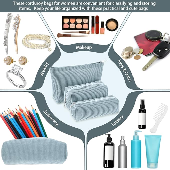 3 Pcs Makeup Bag Set for Women Corduroy Cosmetic Pouch Aesthetic Smile Travel Toiletry Bag Cute Purse Pouch Pencil Case Makeup Brushes Storage Organizer for Christmas(Blue,Solid Style)