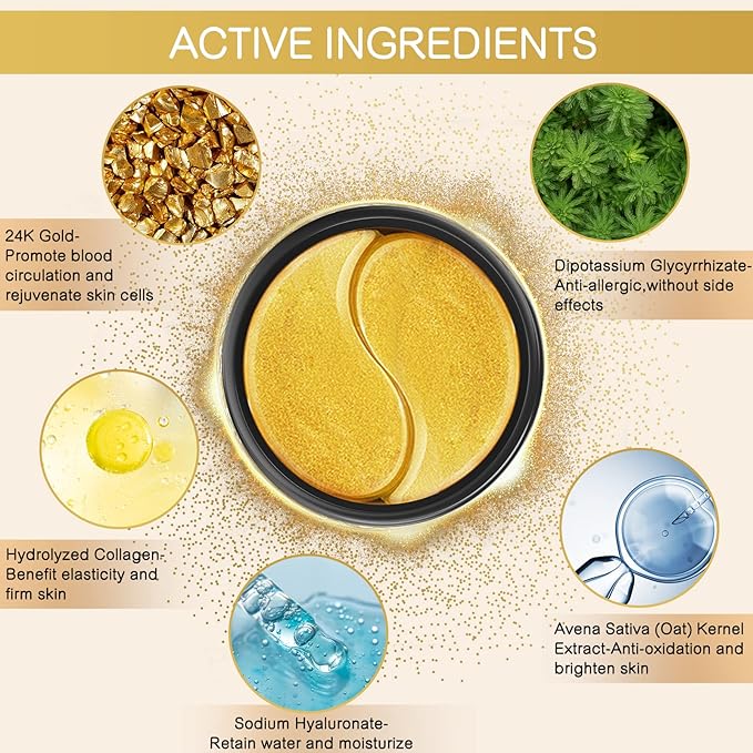 24K Gold Under Eye Mask Patches for Puffy Eyes and Dark Circles, Hydrating, Anti Wrinkles, 60 pcs