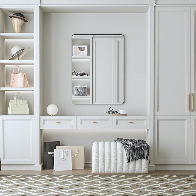 Black Framed Mirror for Bathroom 30 x 30 Inch Rounded Rectangle Bathroom Mirror, Matte Black Vanity Mirror for Over Sink, Tempered Glass Farmhouse Mirror Seamless Metal Frame(Horizontal/Vertical)