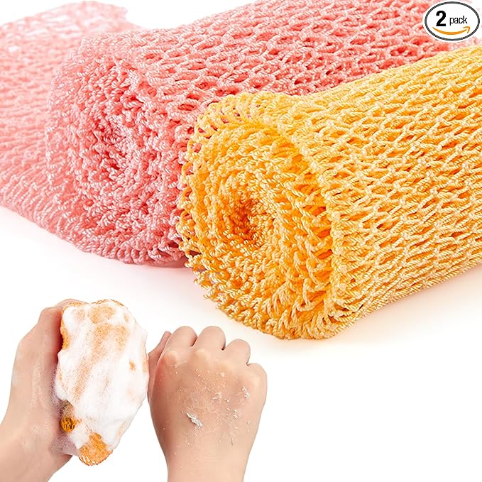 2 Pieces African Net Sponge Exfoliating Net African Body Scrubber Bath Rag Washcloth Towel Shower Body Back Scrubber Skin Smoother for Daily Use or Stocking Stuffer (Peach Pink, Creamy)