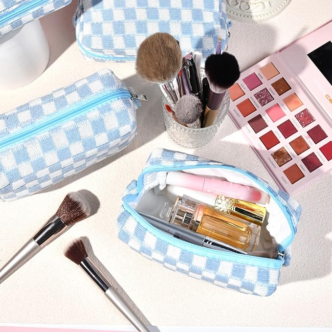 6 Pcs Preppy Makeup Bag Bulk Checkered Cosmetic Bag Light blue Makeup Pouch Personalize Travel Toiletry Bag Organizer Cute DIY Makeup Brushes Storage Bag for Women