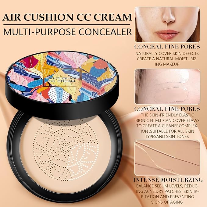 Mushroom Head Air Cushion CC Cream, BB Cream Face Makeup Moisturizing Concealer Long Lasting Full Coverage Waterproof Foundation Makeup Base Primer for All Skin Types (Ivory, 1PCS)