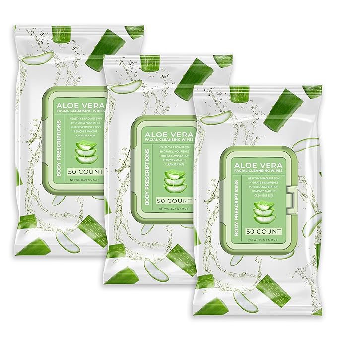 Body Prescription Makeup Cleansing Wipes - Gentle and Effective Face Wipes, 50 Count (Pack of 3), Aloe Vera