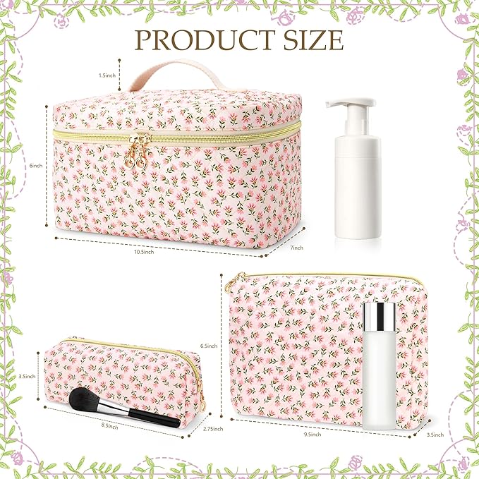 3 PCS Travel Makeup Bag Set, Large Cotton Make up Bag Quilted for Women, Floral Cosmetic Bag Toiletry Bag for Girls Cute Flower Toiletry Bag Travel Accessories Brushes Kawaii Stuff - Red Flower