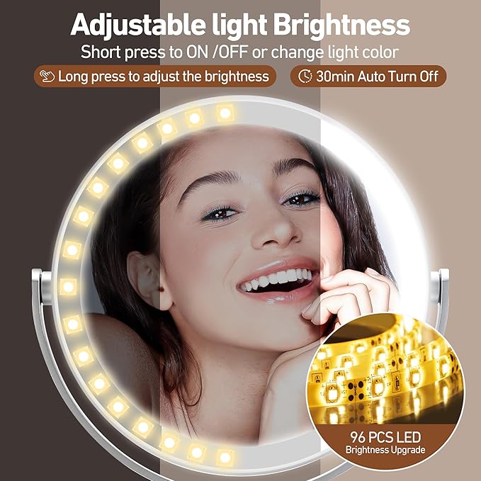 Magnifying Mirror with Light 20X, Height-Adjustable Lighted Makeup Mirror with Magnification, Double - Sided Aluminum Alloy LED Mirror, 3 Lighting Modes Ideal for Desk Bathroom Makeup, Silver