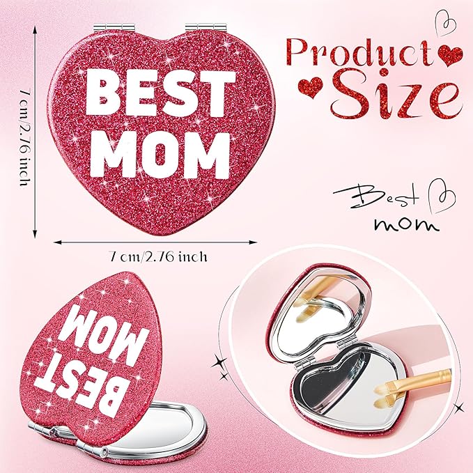 Geelin 3 Pcs Gifts for Mom from Daughter Son Best Mom Gifts Heart Compact Mirror Travel Magnifying Vanity Portable Mini Makeup Pocket Mirror Double Sided with Glitter for Women Birthday Mother's Day