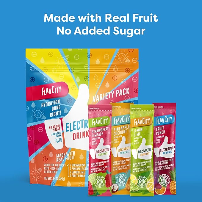 FlavCity Electrolytes Powder Packets - 28 Hydration Packets, Variety Pack - No Added Sugar - Hydration Powder with Real Fruit & Unrefined Sea Salt - Keto & Gluten-Free (28 Stick Packs)