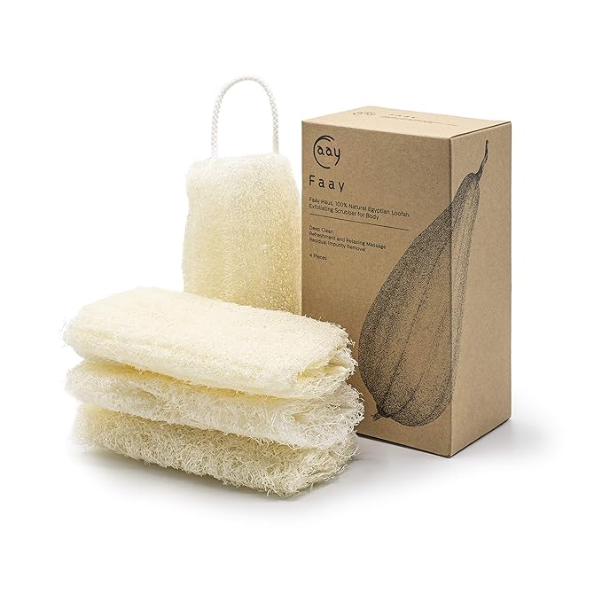 FAAY 4 Pcs Premium Natural Exfoliating Loofah Sponge: 6" Eco-friendly Unbleached Luffa Body Scrubber Rejuvenating Your Skin for Men and Women. Paraben Free Bath Sponge, Shower Loofah