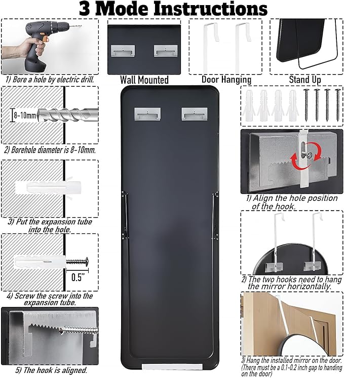 57x20 Door Hanging Full Length Mirror, Floor Stand (Height 5.7ft just Body in1.3ft) Wall Mounted Metal Frame Rectangle Dressing Mirrors for Bedroom Room 57 inch Black