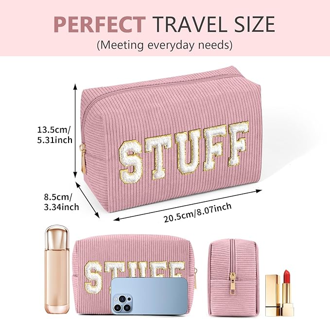 MAGEFY Corduroy Makeup Bag Small Makeup Bag for Purse with Compartments Cute Makeup Pouch Cosmetic Bag for Women Friends Preppy Gifts (Pink, STUFF)