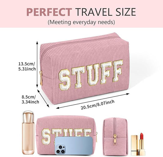MAGEFY Corduroy Makeup Bag Small Makeup Bag for Purse with Compartments Cute Makeup Pouch Cosmetic Bag for Women Friends Preppy Gifts (Pink, STUFF)