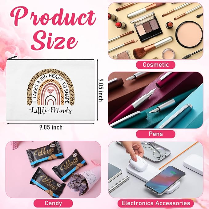 12 Pcs Teacher Gifts Makeup Bags Teacher Appreciation Travel Toiletry Canvas Cosmetic Pencil Survival Kit Bag for Women Zipper Pouch Bag Thank You Gifts Bulk (Rainbow and Pencil)