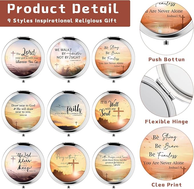 9 Pcs Christian Compact Mirrors Gifts for Women Bulk Religious Pocket Mirror with Bible Verse Inspirational Scripture Quote Church Group Party Favors for Mother Teacher Nurse Friends