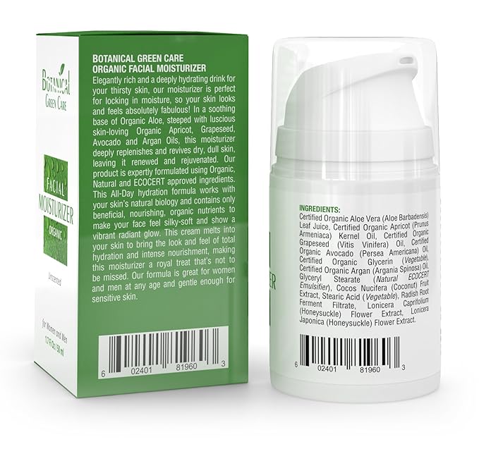 Botanical Green Care Organic Facial Moisturizer. Natural Aging Face Moisturizing Cream for Sensitive, Dry & Normal Skin for Women and Men