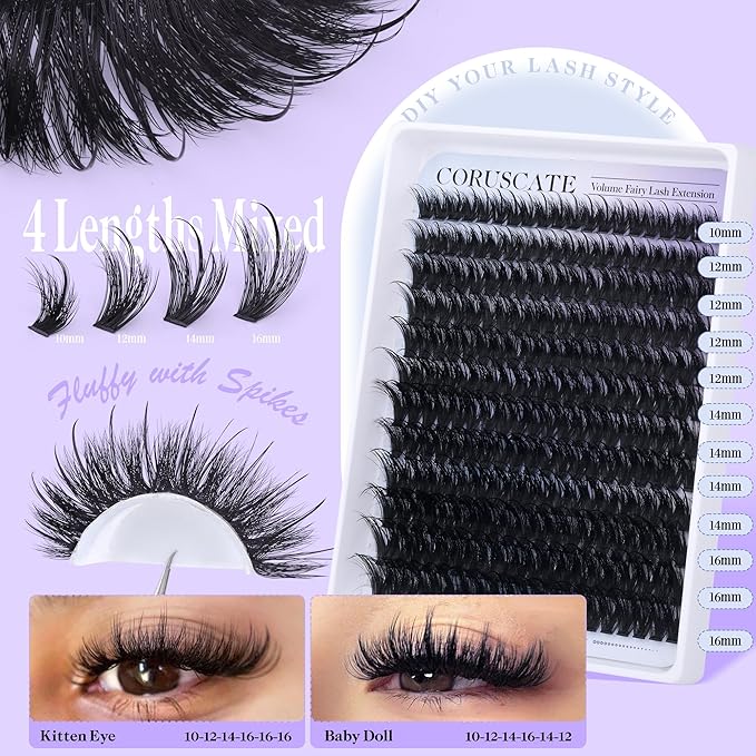 Lash Clusters Kit with Spikes Lashes Extension Kit Volume DIY Fairy Eyelashes Clusters 10-16mm Cluster Eyelash Extensions Thick Individual Lashes Spiky with Cluster Glue Lashes Kit by CORUSCATE