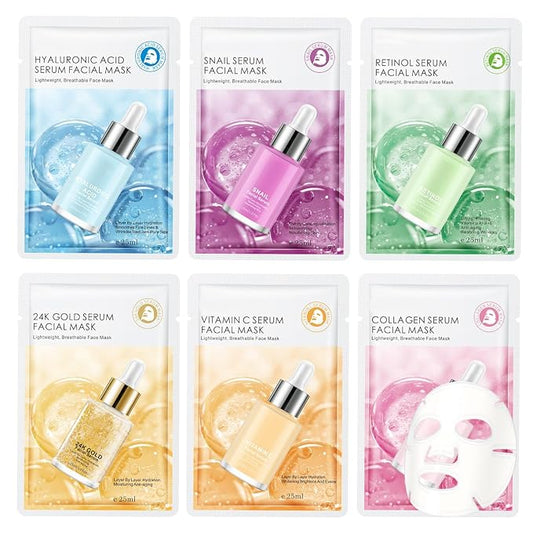 6 Pack Sheet Face Masks Skincare for All Skin Types, Gentle & Nourishing Skincare Face Masks, Suitable for Sensitive Skin, Bulk Facial Mask Set for Women & Face Spa