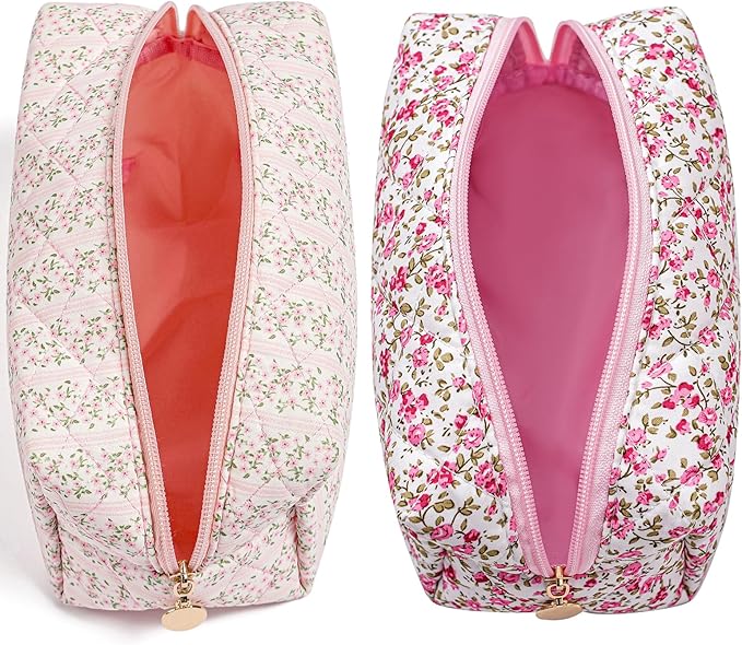 Makeup Bag Travel Cosmetic Bag for Women Girls, Zipper Make Up Pouch, Floral Flowers Toiletry Organizer Makeup, Portable Storage Cosmetic Travel Cloth Bag (Pink+Flower-Pink)