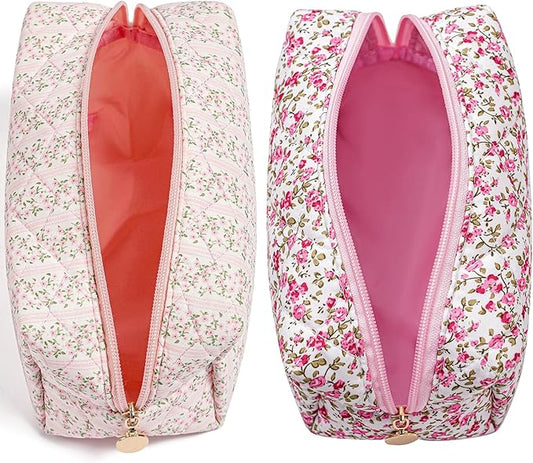 Makeup Bag Travel Cosmetic Bag for Women Girls, Zipper Make Up Pouch, Floral Flowers Toiletry Organizer Makeup, Portable Storage Cosmetic Travel Cloth Bag (Pink+Flower-Pink)