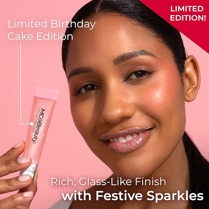 MCoBeauty 2-in-1 Glow & Treat Lip Oil, Birthday Edition, Hydrating Tint for Luscious Lips, Vegan, Cruelty Free Cosmetics