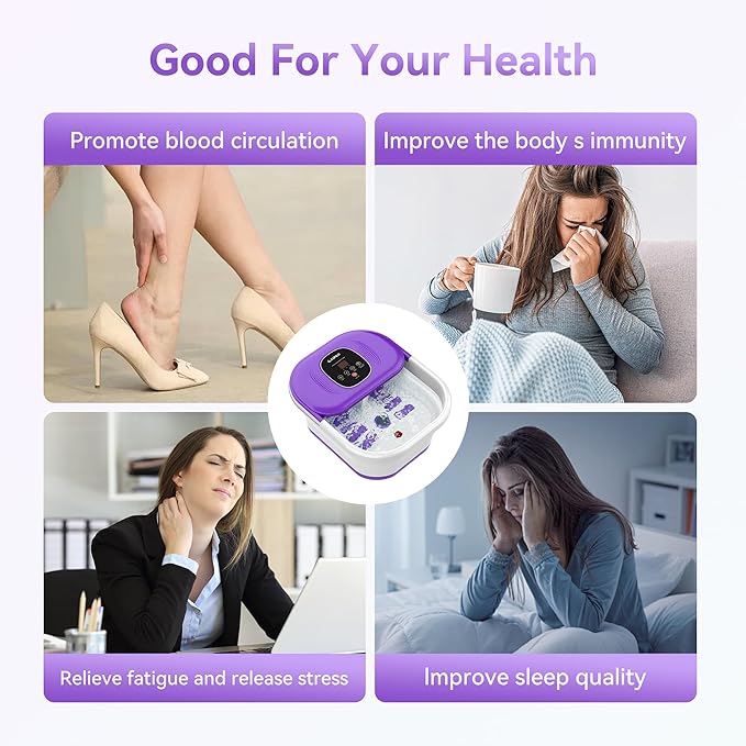 Foot Spa Bath Massager with Heat, Collapsible Foot Massager Spa Soaking Tub with Bubbles, Red Light, Pumice Stone, Shiatsu Massage Rollers, Pedicure Foot Spa for Relaxation, Gifts(Purple)