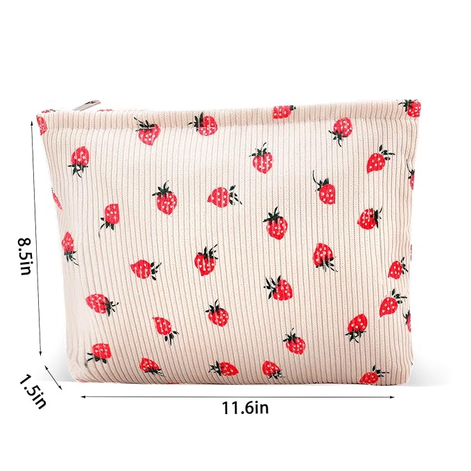 Makeup Bag for Women Large Corduroy Cosmetic Bags Travel Pouch for Purse Zipper Toiletry Bags Organizer Y2K Cute Aesthetic Trendy Makeup Brushes Storage Bag Travel Essential (Beige Strawberry)