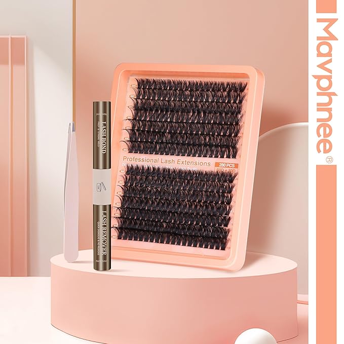Mavphnee Lash Extensions Kit 280Pcs Cluster Eyelash Extensions Thick D-Curly Lash Clusters Volume 10-18MM DIY Individual Lashes Kit with Bond and Remover, Eyelash Tweezers(60D&80D 0.07D)